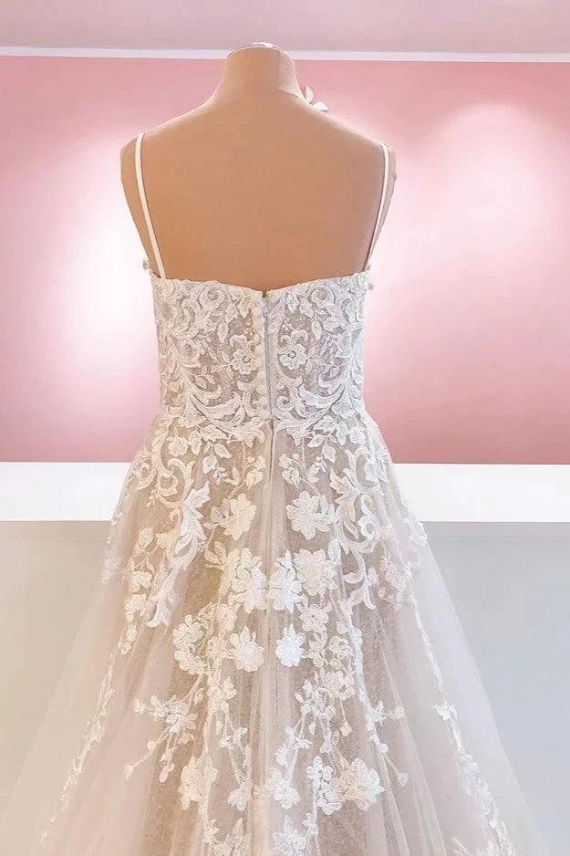 Classy Long A-Line Tulle Spaghetti Straps Appliques Lace Backless Wedding Dress - Image 4