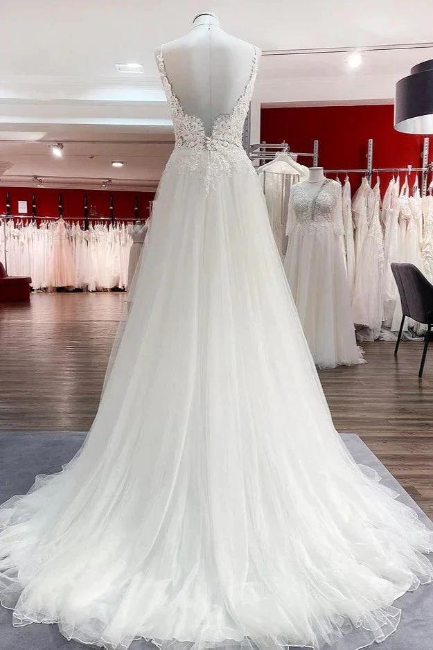Classy Long A-line Tulle V Neck Sleeveless Lace Wedding Dress - Image 2