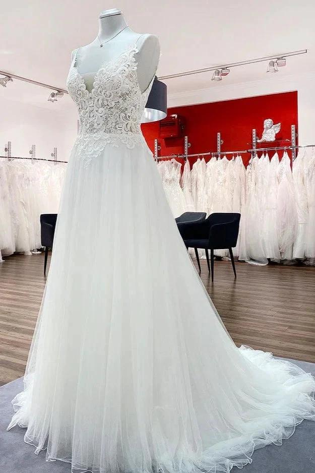 Classy Long A-line Tulle V Neck Sleeveless Lace Wedding Dress - Image 3
