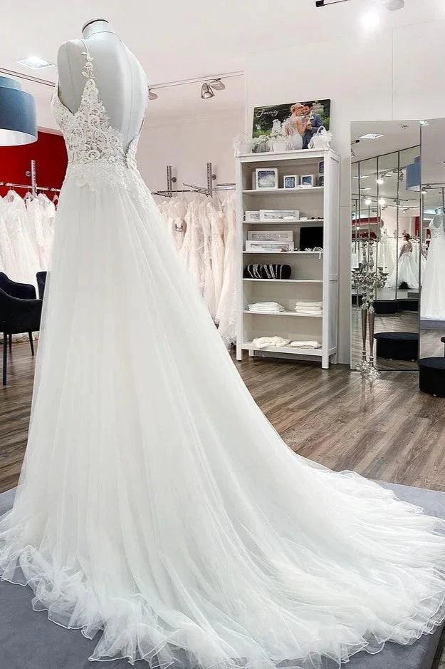 Classy Long A-line Tulle V Neck Sleeveless Lace Wedding Dress - Image 4