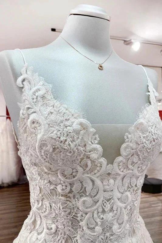 Classy Long A-line Tulle V Neck Sleeveless Lace Wedding Dress - Image 5
