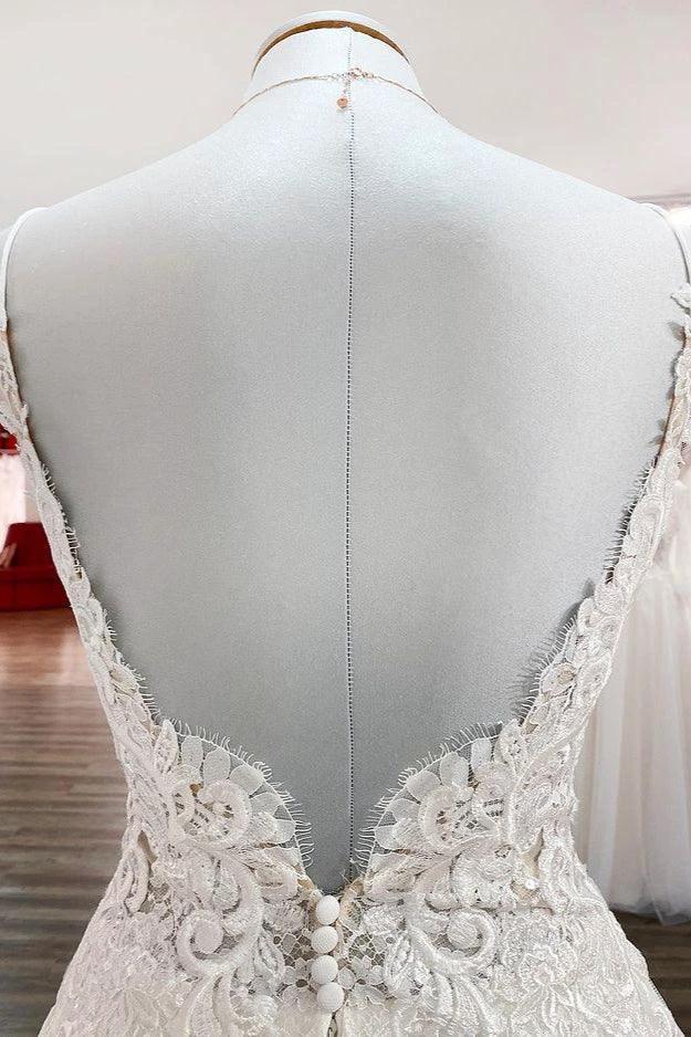Classy Long A-line Tulle V Neck Sleeveless Lace Wedding Dress - Image 6