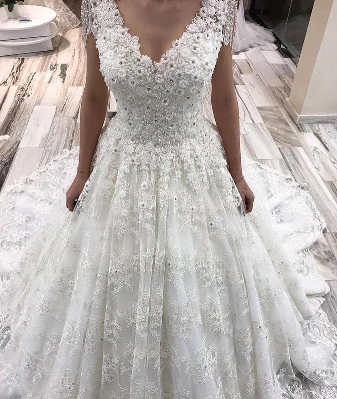 Classy Long A-Line V-neck Appliques Lace Crystal Wedding Dress - Image 2