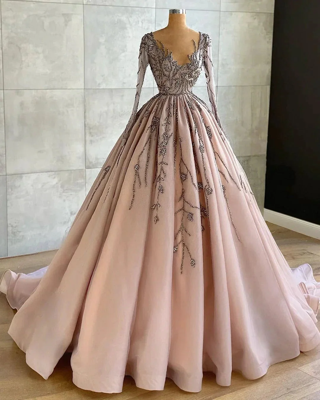 Classy Long A-line V-neck Beading Tulle Prom Dress with Sleeves - Image 2