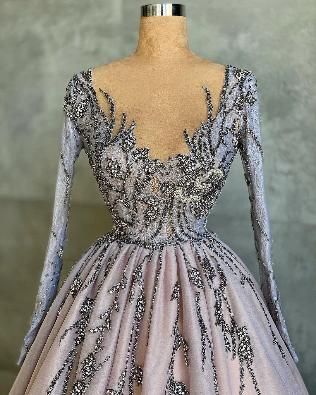 Classy Long A-line V-neck Beading Tulle Prom Dress with Sleeves - Image 3
