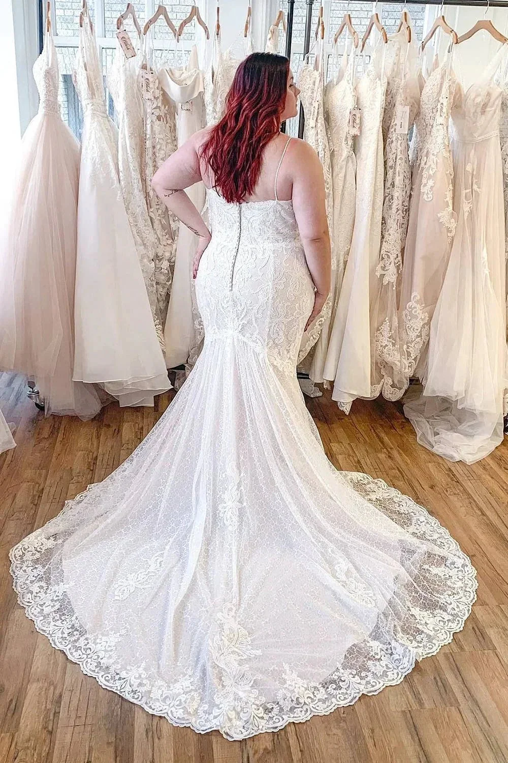 Classy Long Mermaid Appliques Lace Spaghetti Straps Backless Wedding Dress - Image 2