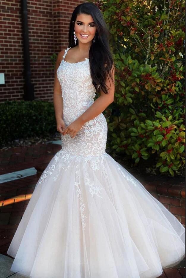 Classy Long Mermaid Backless Appliques Lace Tulle Prom Dress - Image 2