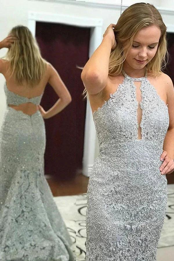 Classy Long Mermaid Halter Lace Prom Dresses - Image 2