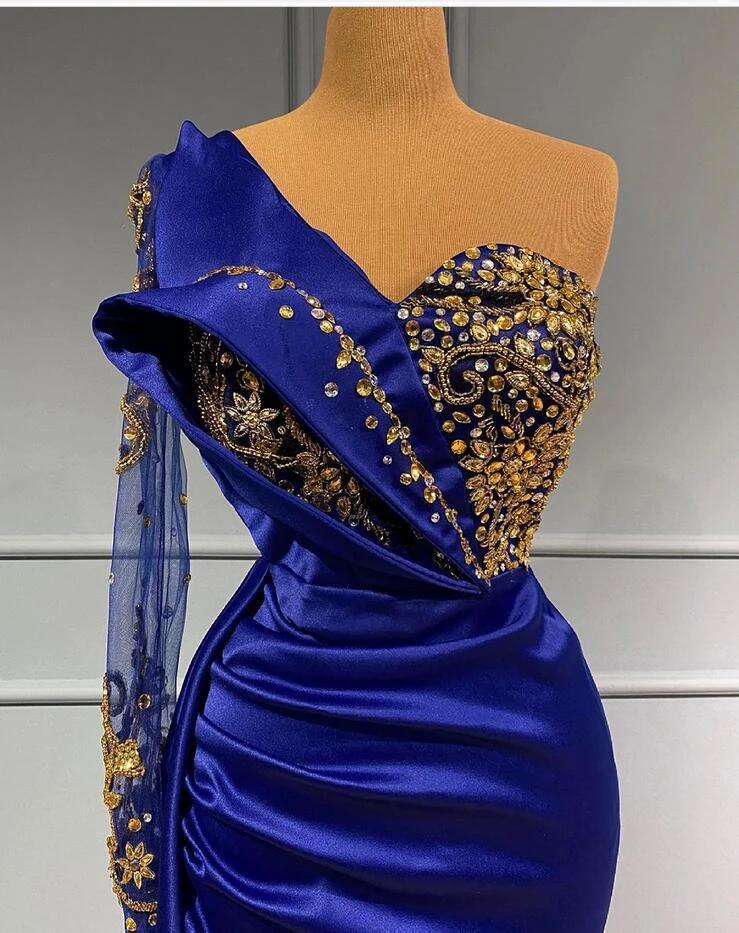 Classy Long Mermaid One Shoulder Royal Blue Prom Dress With Side Train - Image 2