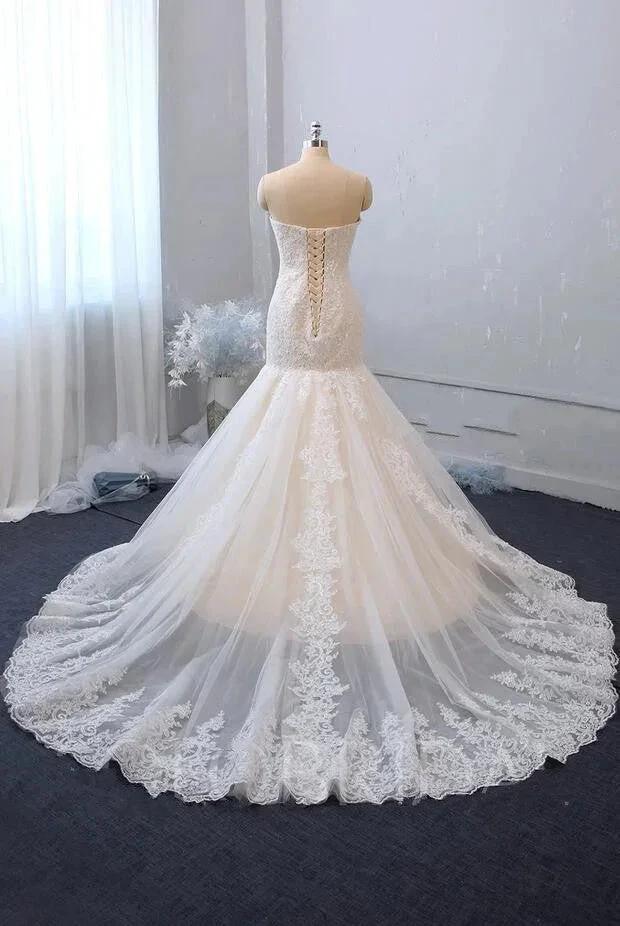 Classy Long Mermaid Sweetheart Backless Appliques Lace Tulle Wedding Dress - Image 2