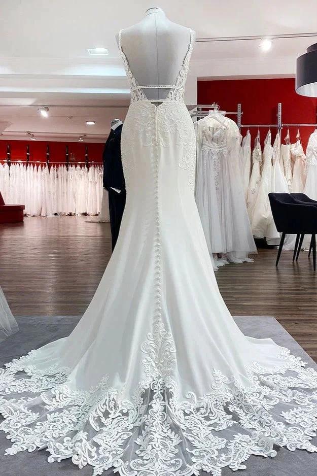 Classy Long Mermaid V-neck Satin Open Back Wedding Dress with Lace Appliques - Image 2