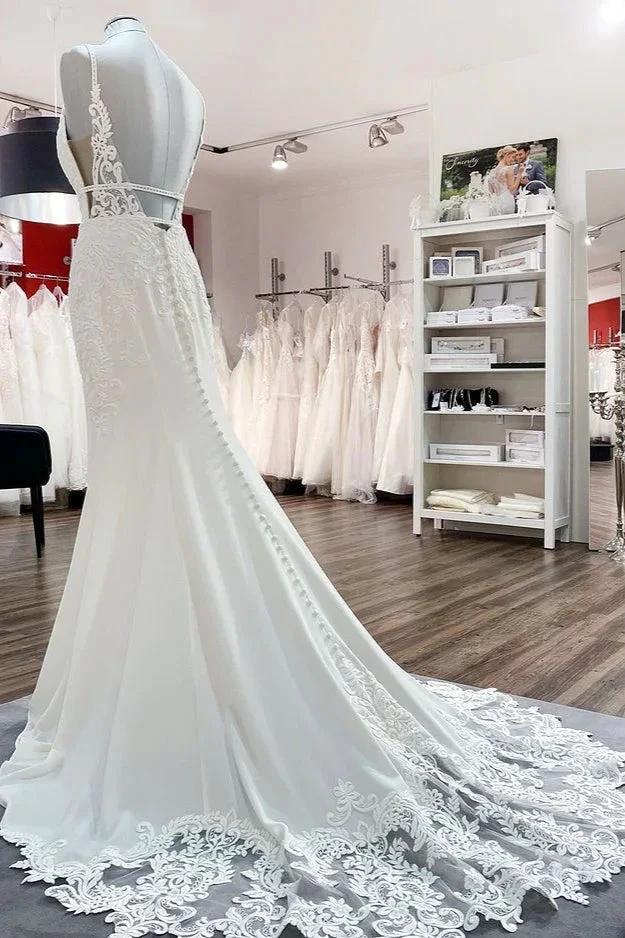 Classy Long Mermaid V-neck Satin Open Back Wedding Dress with Lace Appliques - Image 3