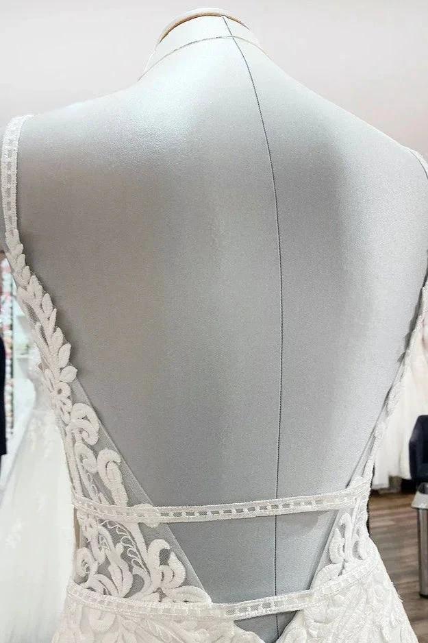 Classy Long Mermaid V-neck Satin Open Back Wedding Dress with Lace Appliques - Image 5