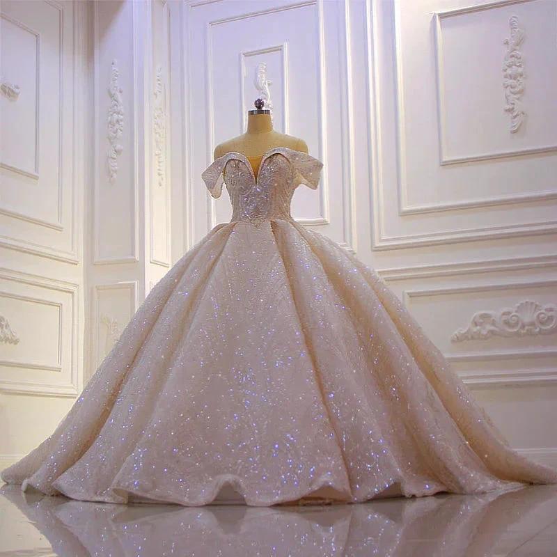 Classy Long Off the Shoulder Sequin Beading Satin Ball Gown Wedding Dress - Image 2