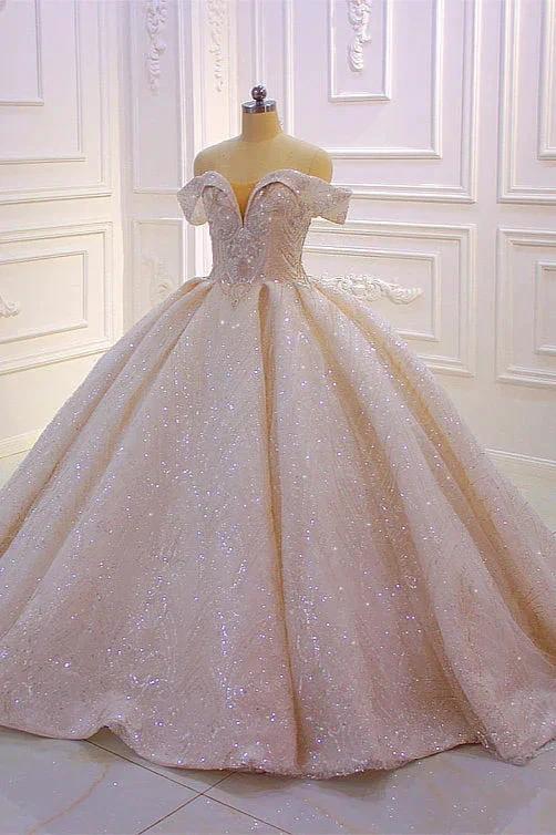 Classy Long Off the Shoulder Sequin Beading Satin Ball Gown Wedding Dress - Image 3