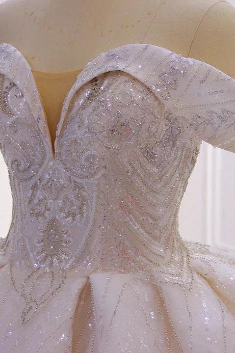 Classy Long Off the Shoulder Sequin Beading Satin Ball Gown Wedding Dress - Image 4