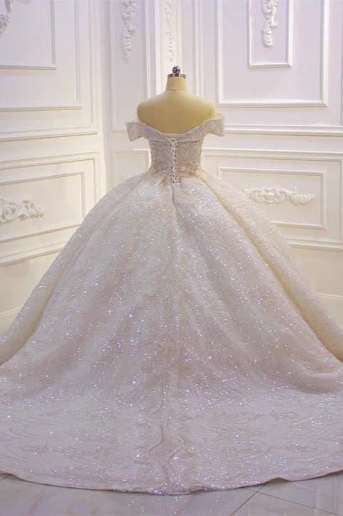 Classy Long Off the Shoulder Sequin Beading Satin Ball Gown Wedding Dress - Image 5