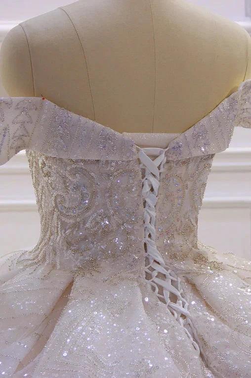Classy Long Off the Shoulder Sequin Beading Satin Ball Gown Wedding Dress - Image 6