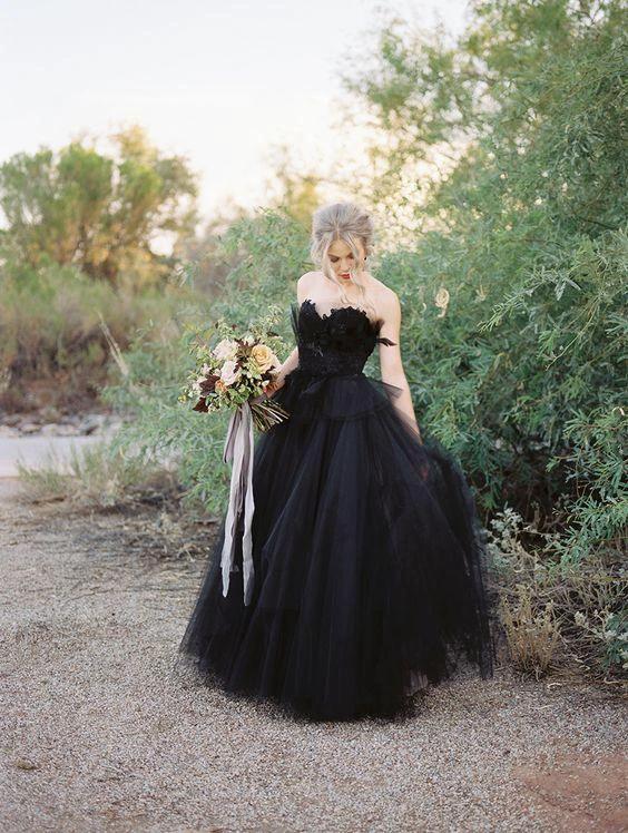 Classy Long Princess Sweetheart Open Back Tulle Black Wedding Dress with Lace - Image 2