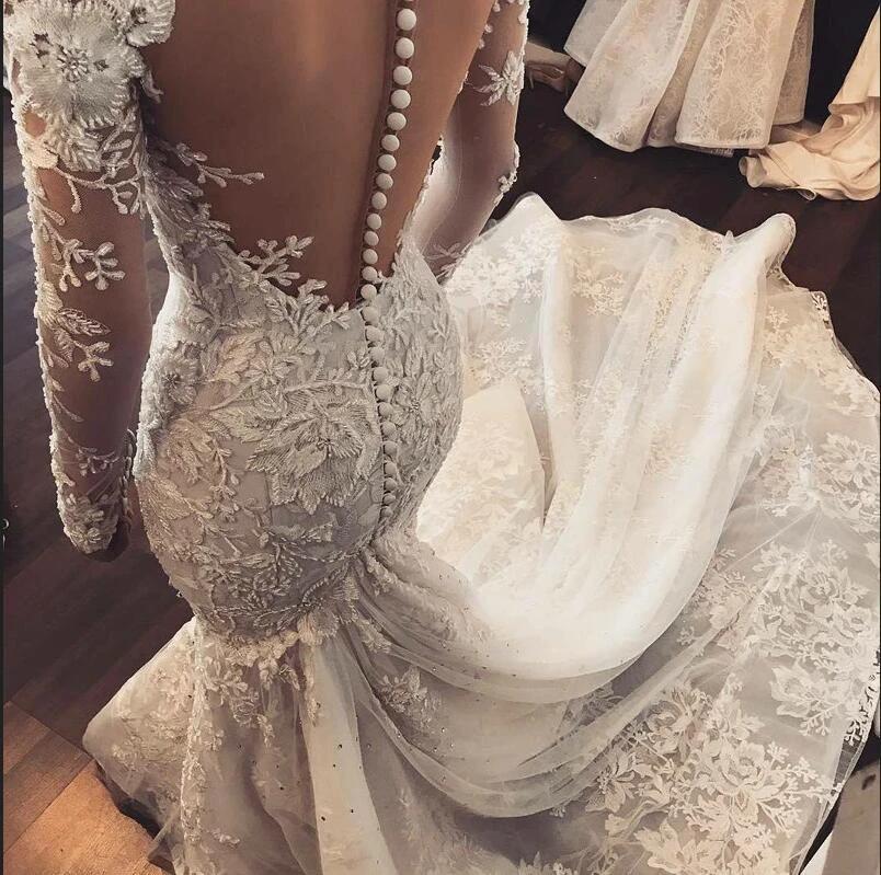 Classy Long Sleeve Sweetheart Appliques Lace Mermaid Wedding Dress With Tulle Ruffles - Image 2