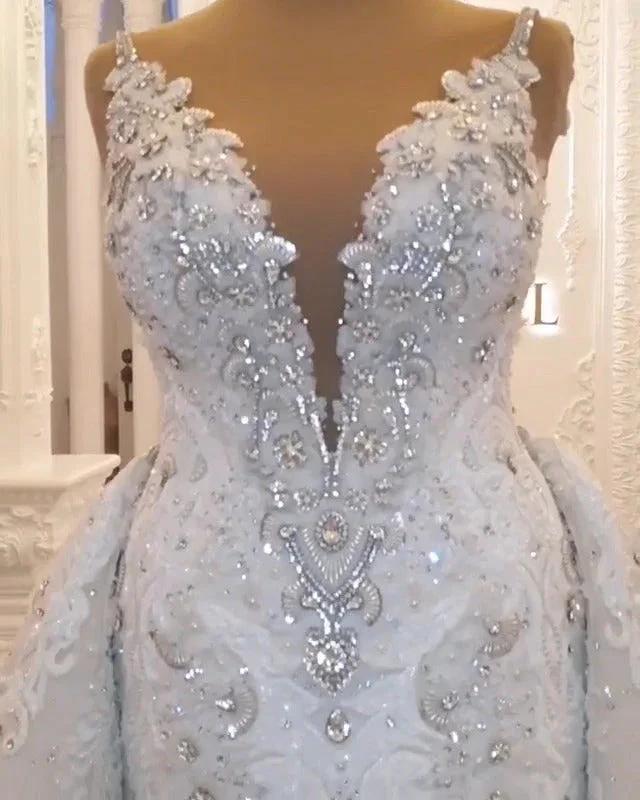Classy Long Sweetheart Spaghetti Straps Appliques Lace Crystal Backless Wedding Dress - Image 2