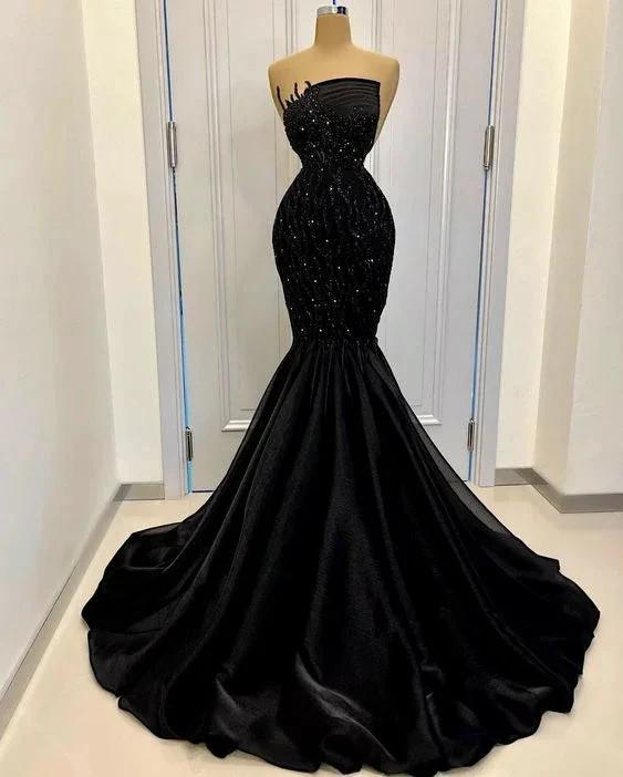 Classy Mermaid Black Long Prom Dress Strapless Black Evening Dress Y465 - Image 2