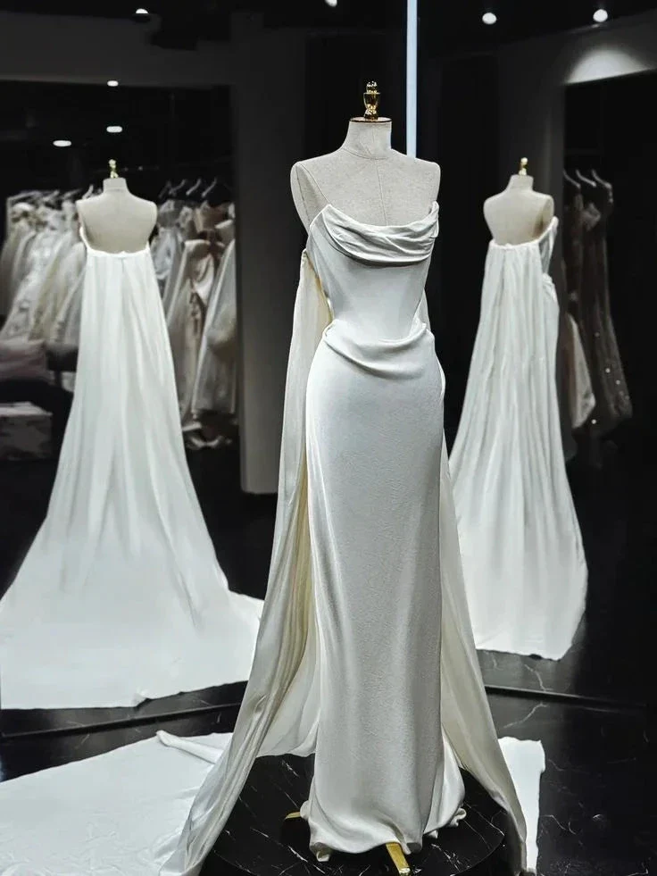 Classy Mermaid Strapless White Satin Wedding Dress Prom Dress Y7833 - Image 2