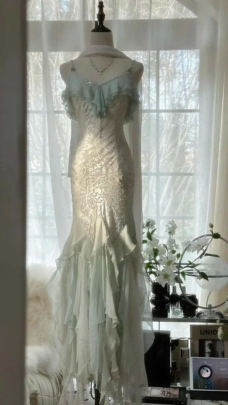 Classy Mint Green Temperament Mermaid Spaghetti Strap Chiffon Beaded Evening Dress Formal Prom Dress Y8546 - Image 2