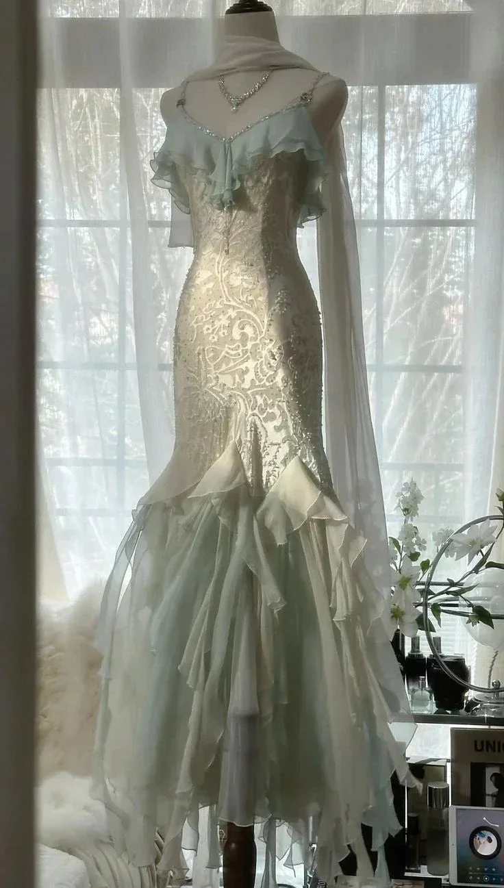 Classy Mint Green Temperament Mermaid Spaghetti Strap Chiffon Beaded Evening Dress Formal Prom Dress Y8546 - Image 3