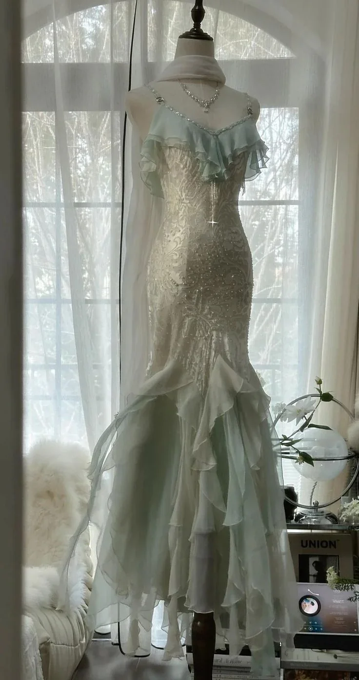 Classy Mint Green Temperament Mermaid Spaghetti Strap Chiffon Beaded Evening Dress Formal Prom Dress Y8546 - Image 4