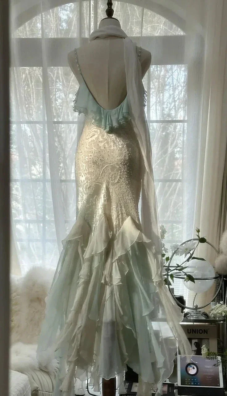 Classy Mint Green Temperament Mermaid Spaghetti Strap Chiffon Beaded Evening Dress Formal Prom Dress Y8546 - Image 5