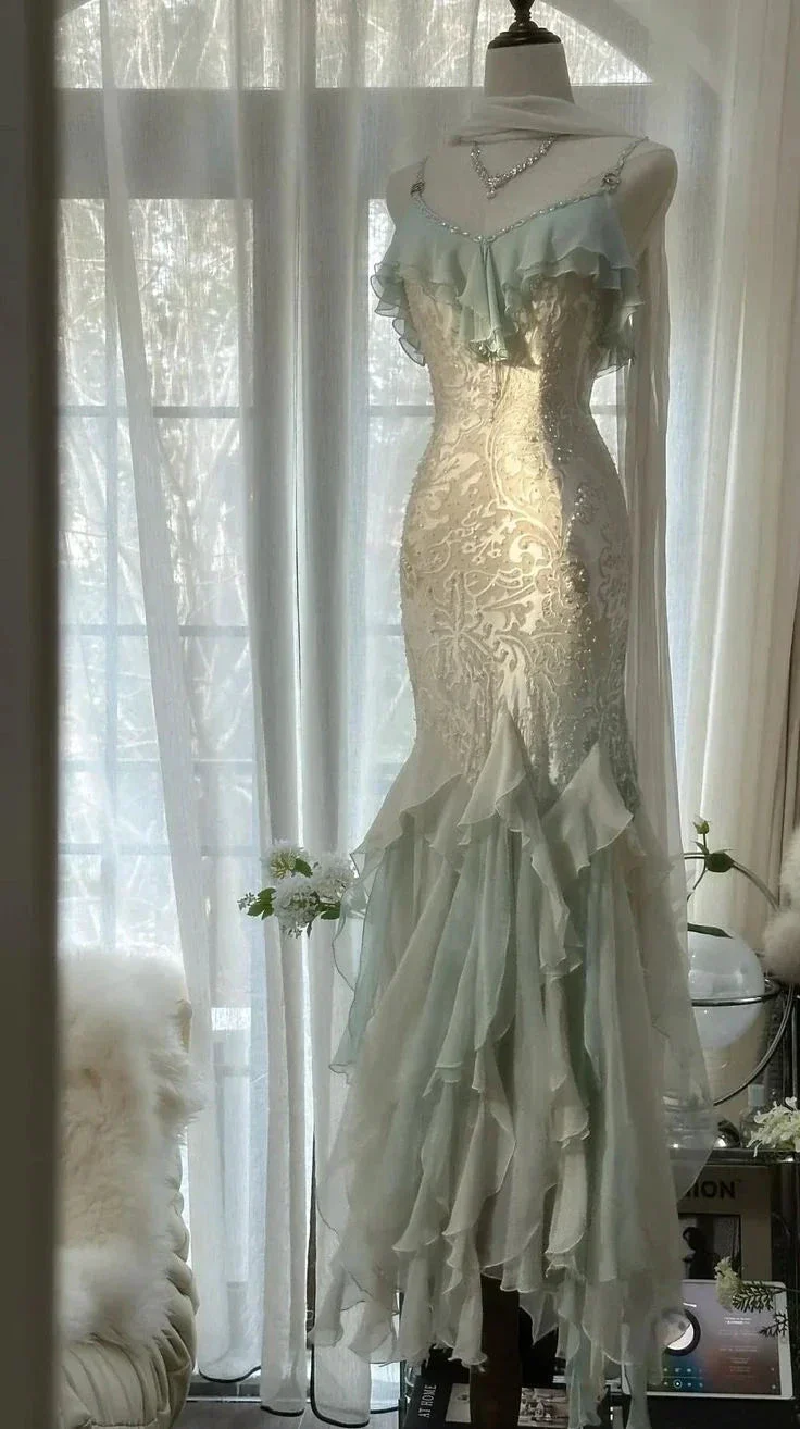 Classy Mint Green Temperament Mermaid Spaghetti Strap Chiffon Beaded Evening Dress Formal Prom Dress Y8546 - Image 6