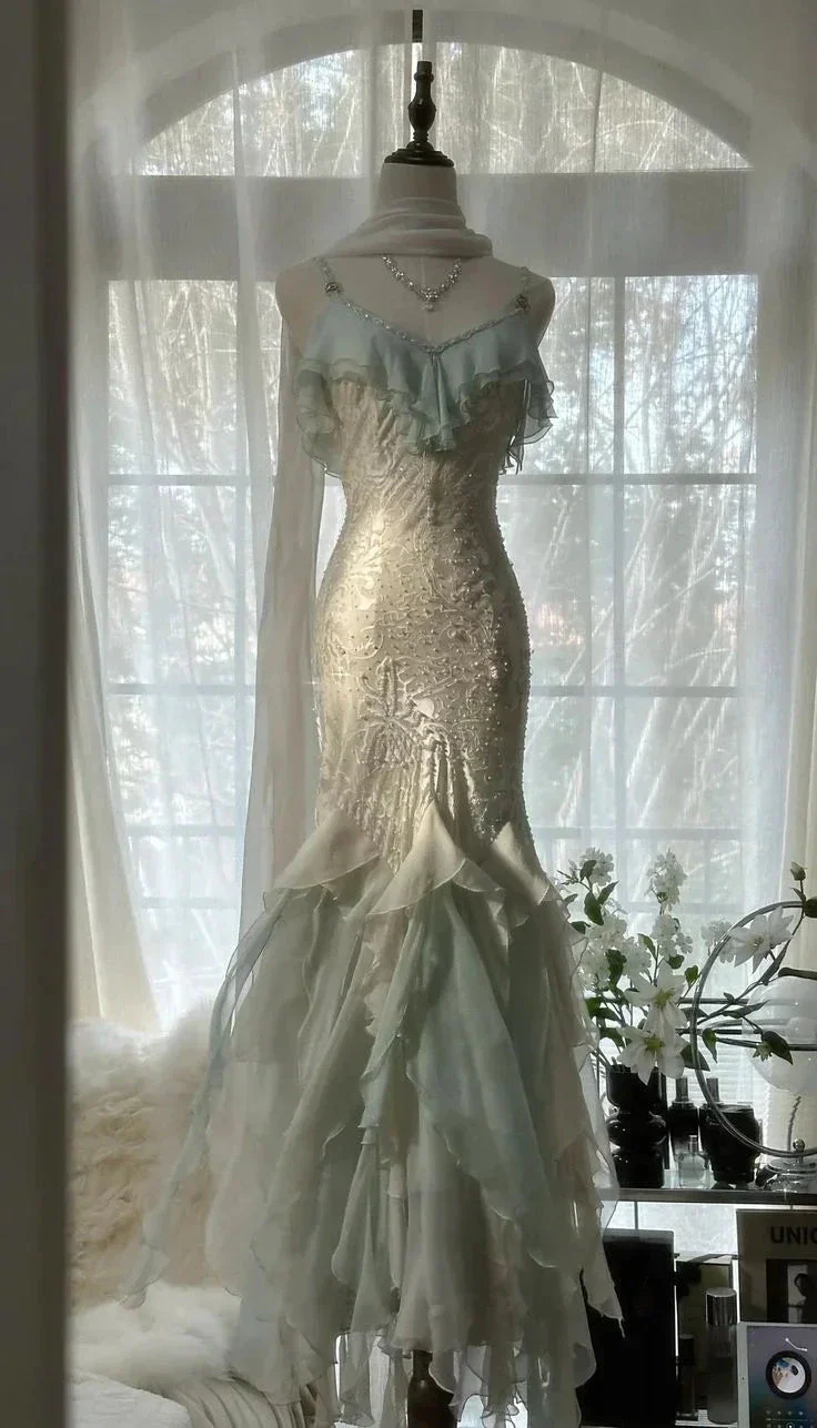 Classy Mint Green Temperament Mermaid Spaghetti Strap Chiffon Beaded Evening Dress Formal Prom Dress Y8546 - Image 7