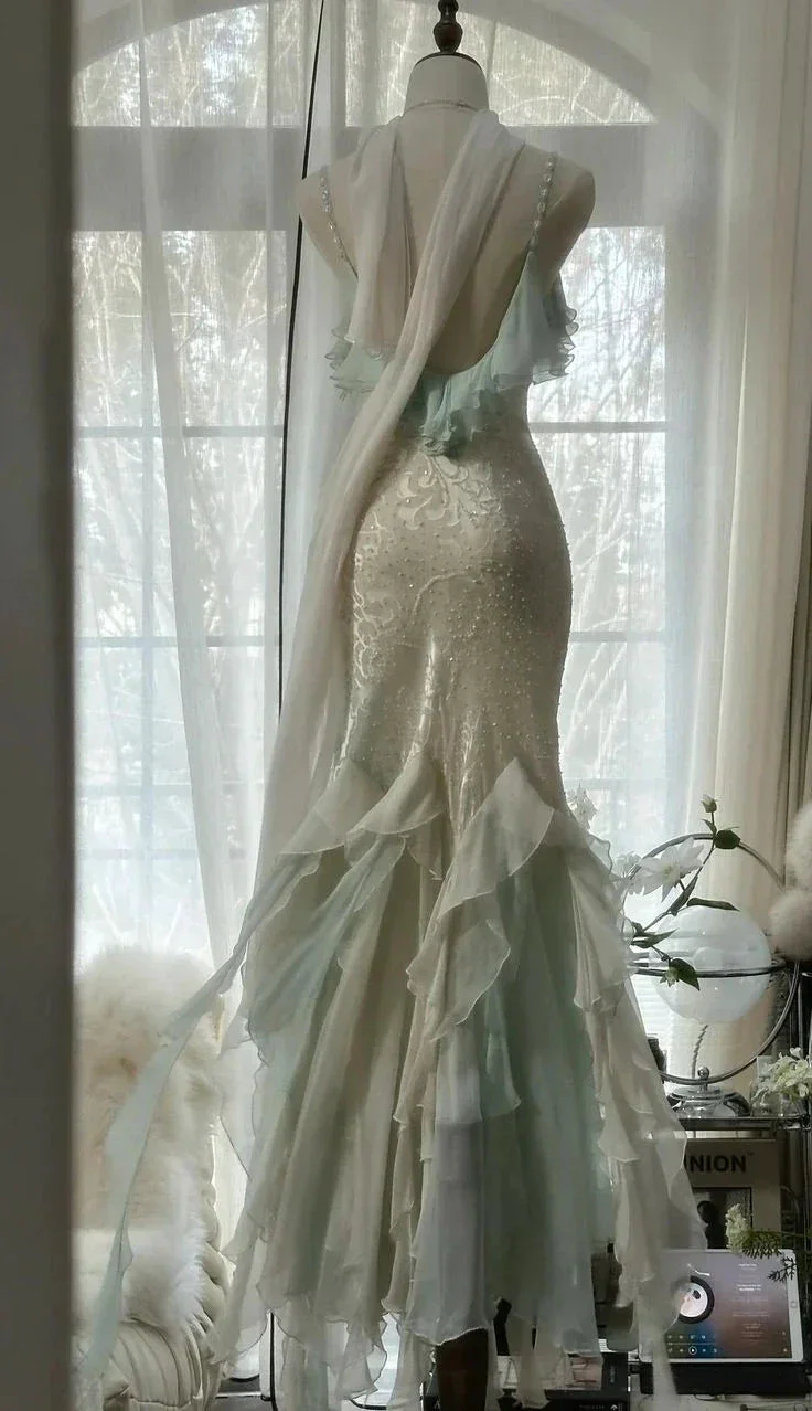 Classy Mint Green Temperament Mermaid Spaghetti Strap Chiffon Beaded Evening Dress Formal Prom Dress Y8546 - Image 8