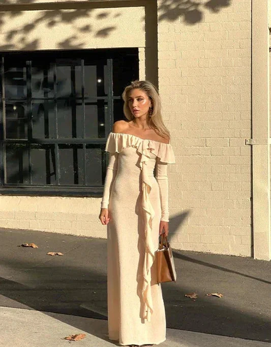 Classy Off The Shoulder Ruffles Cream Long Prom Dress Slit Party Evening Dress Y7975 - Image 2