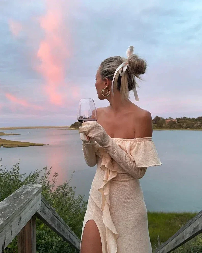 Classy Off The Shoulder Ruffles Cream Long Prom Dress Slit Party Evening Dress Y7975 - Image 3