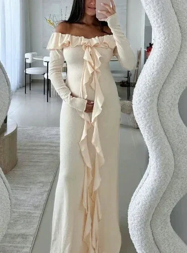 Classy Off The Shoulder Ruffles Cream Long Prom Dress Slit Party Evening Dress Y7975 - Image 4
