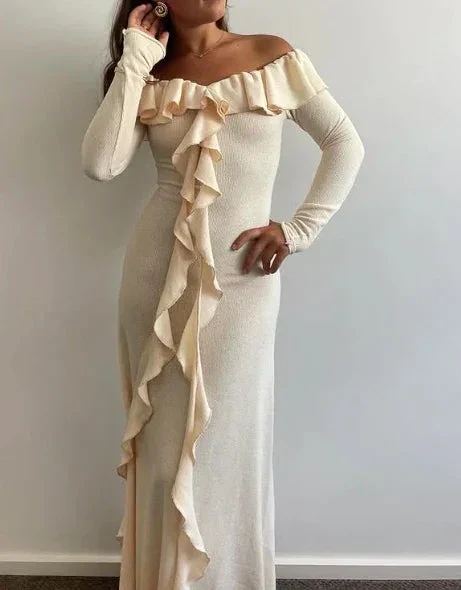 Classy Off The Shoulder Ruffles Cream Long Prom Dress Slit Party Evening Dress Y7975 - Image 5