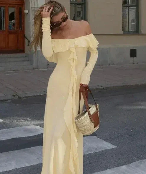 Classy Off The Shoulder Ruffles Cream Long Prom Dress Slit Party Evening Dress Y7975 - Image 6