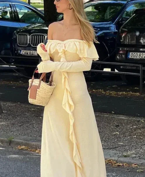 Classy Off The Shoulder Ruffles Cream Long Prom Dress Slit Party Evening Dress Y7975 - Image 7