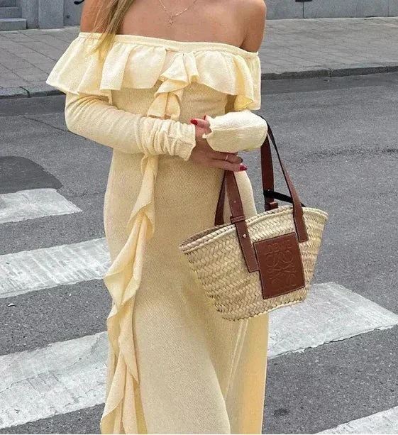 Classy Off The Shoulder Ruffles Cream Long Prom Dress Slit Party Evening Dress Y7975 - Image 8
