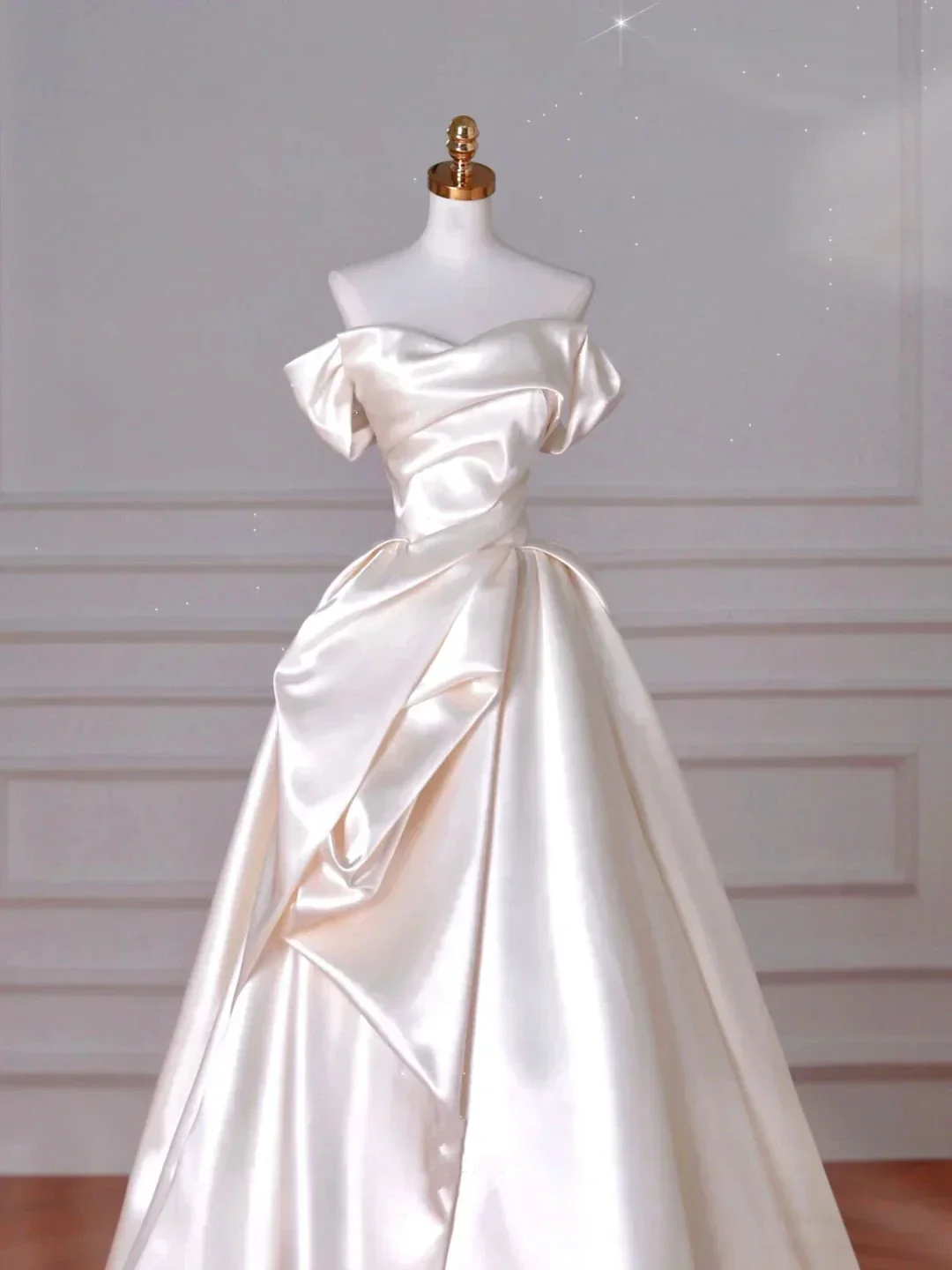 Classy Off The Shoulder Satin Pleated A Line Prom Evening Dress,White Wedding Dress Y8633 - Image 2