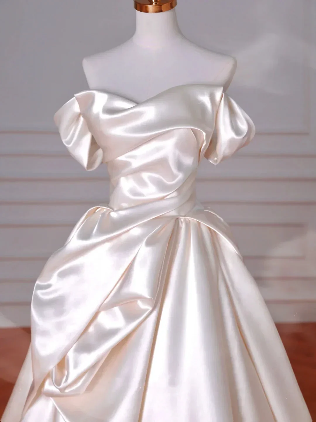 Classy Off The Shoulder Satin Pleated A Line Prom Evening Dress,White Wedding Dress Y8633 - Image 3