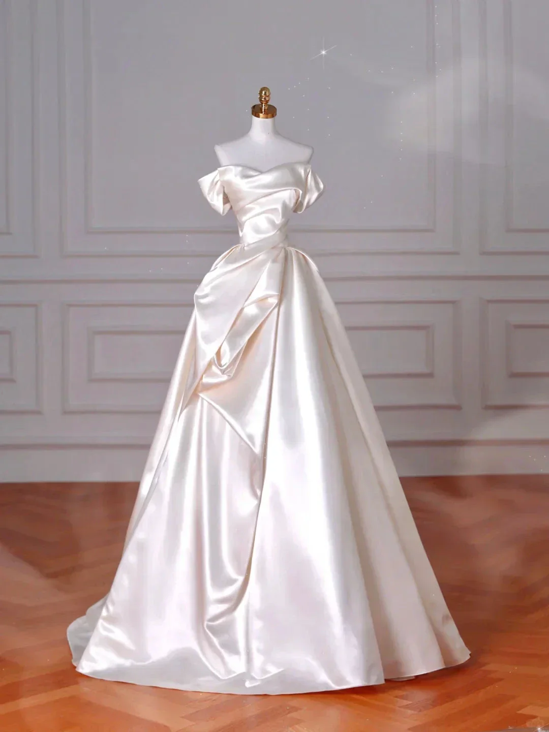 Classy Off The Shoulder Satin Pleated A Line Prom Evening Dress,White Wedding Dress Y8633 - Image 4
