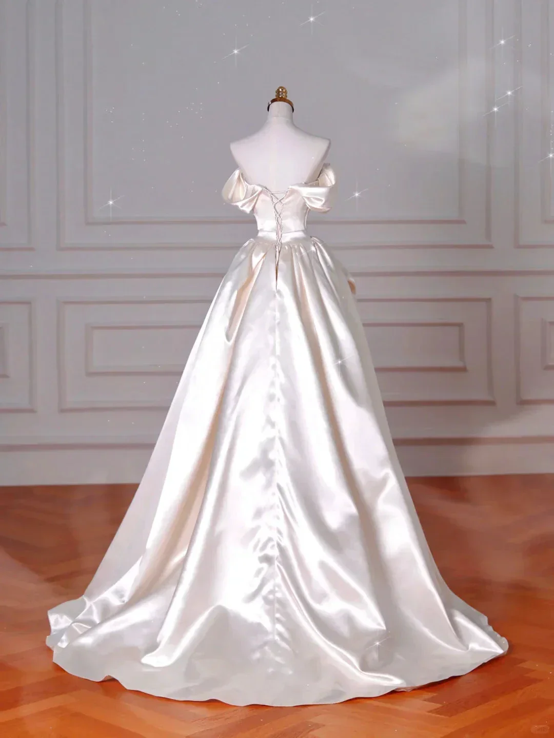 Classy Off The Shoulder Satin Pleated A Line Prom Evening Dress,White Wedding Dress Y8633 - Image 5