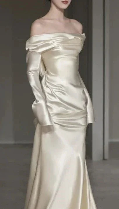 Classy Off-The-Shoulder Satin Wedding Dress Y4607 - Image 2