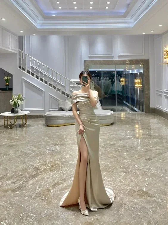 Classy Off The Shoulder Sheath Evening Dress With High Split Y7141 - Image 2