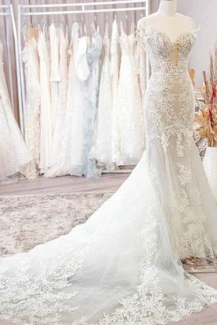 Classy Off-the-shoulder Sleeveless Mermaid Lace Wedding Dresses with Applique - Image 4