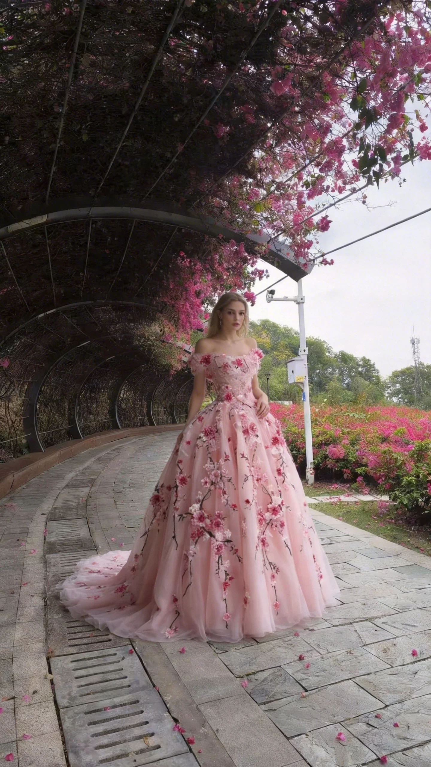 Classy Off The Shoulder Tulle 3D Flowers Ball Gown,Pink A Line Prom Dress Y8364 - Image 3