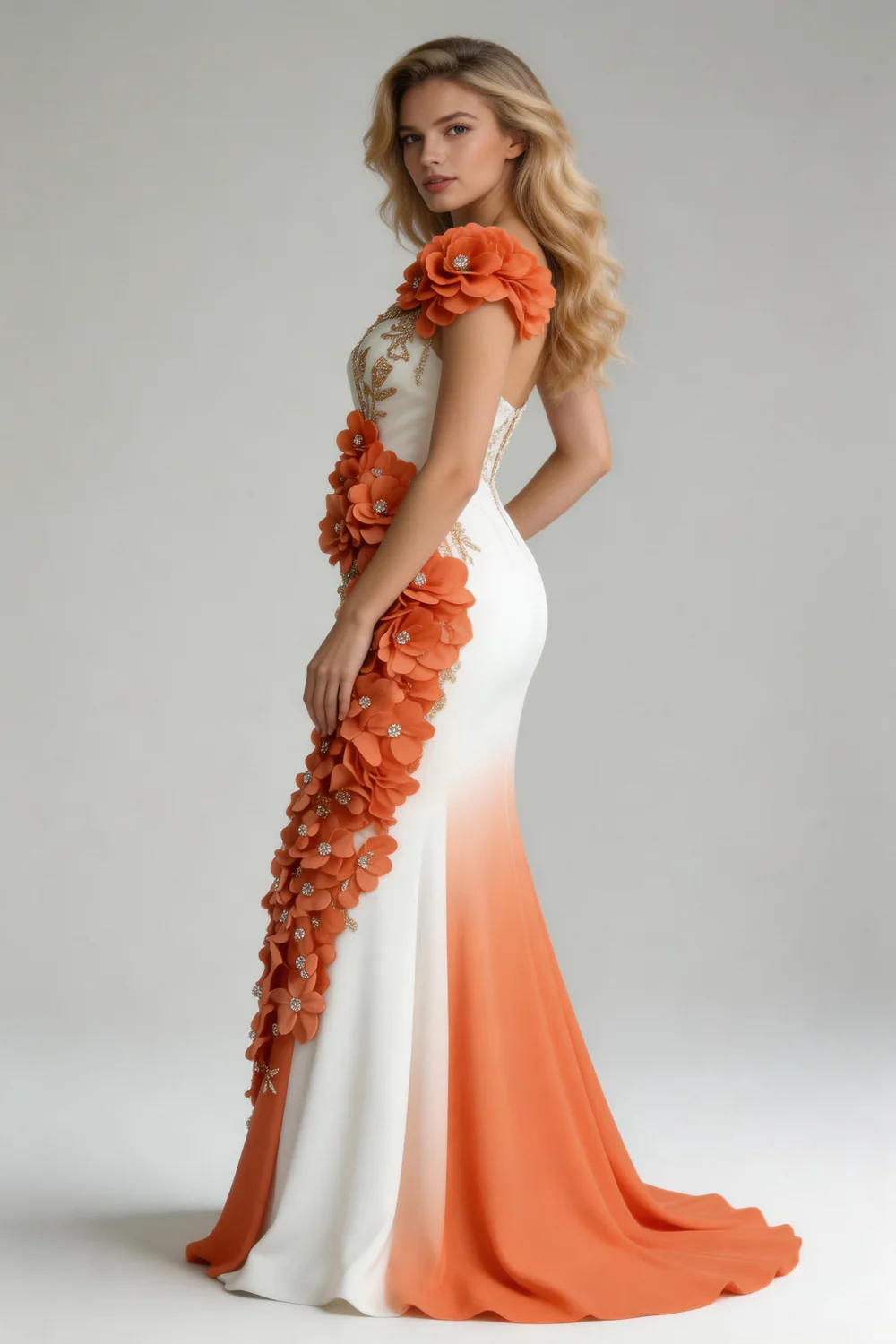 Classy Peony Flower Appliques Chiffon Mermaid Prom Dress Evening Dress Y8567 - Image 3
